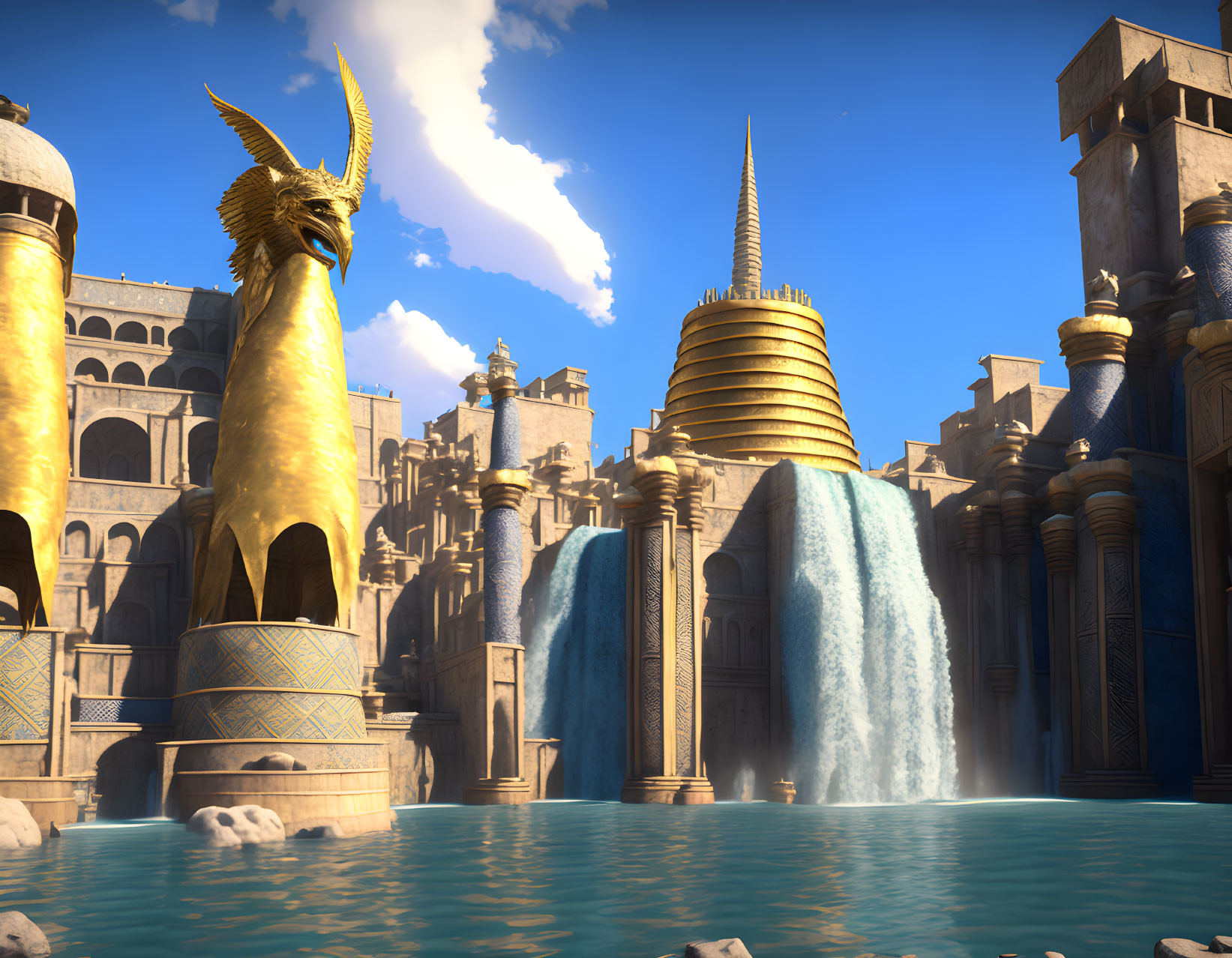 Golden monuments and spires in a fantastical cityscape with cascading waterfalls and ancient-style buildings