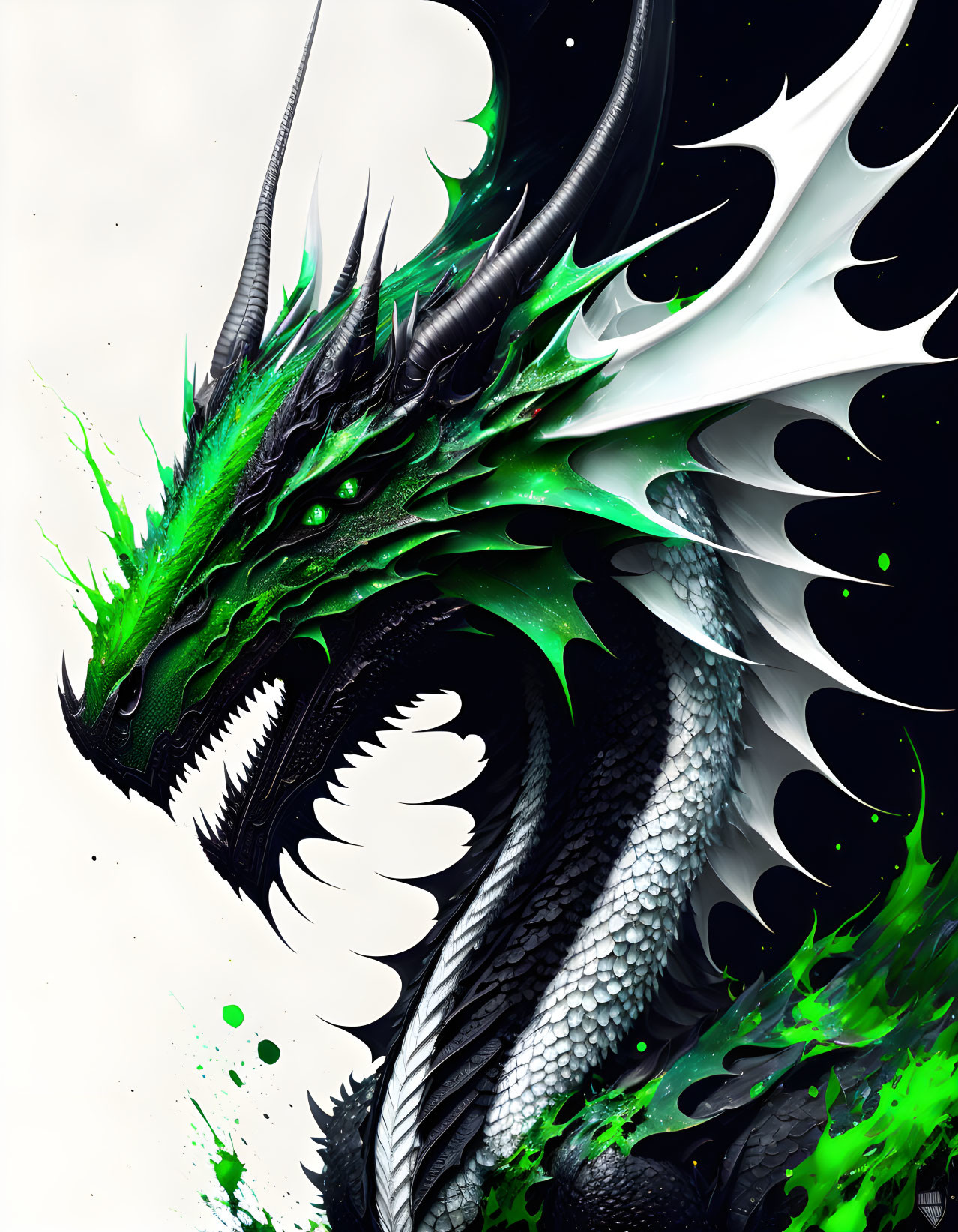 Digital artwork: Dragon with emerald green scales and neon green accents