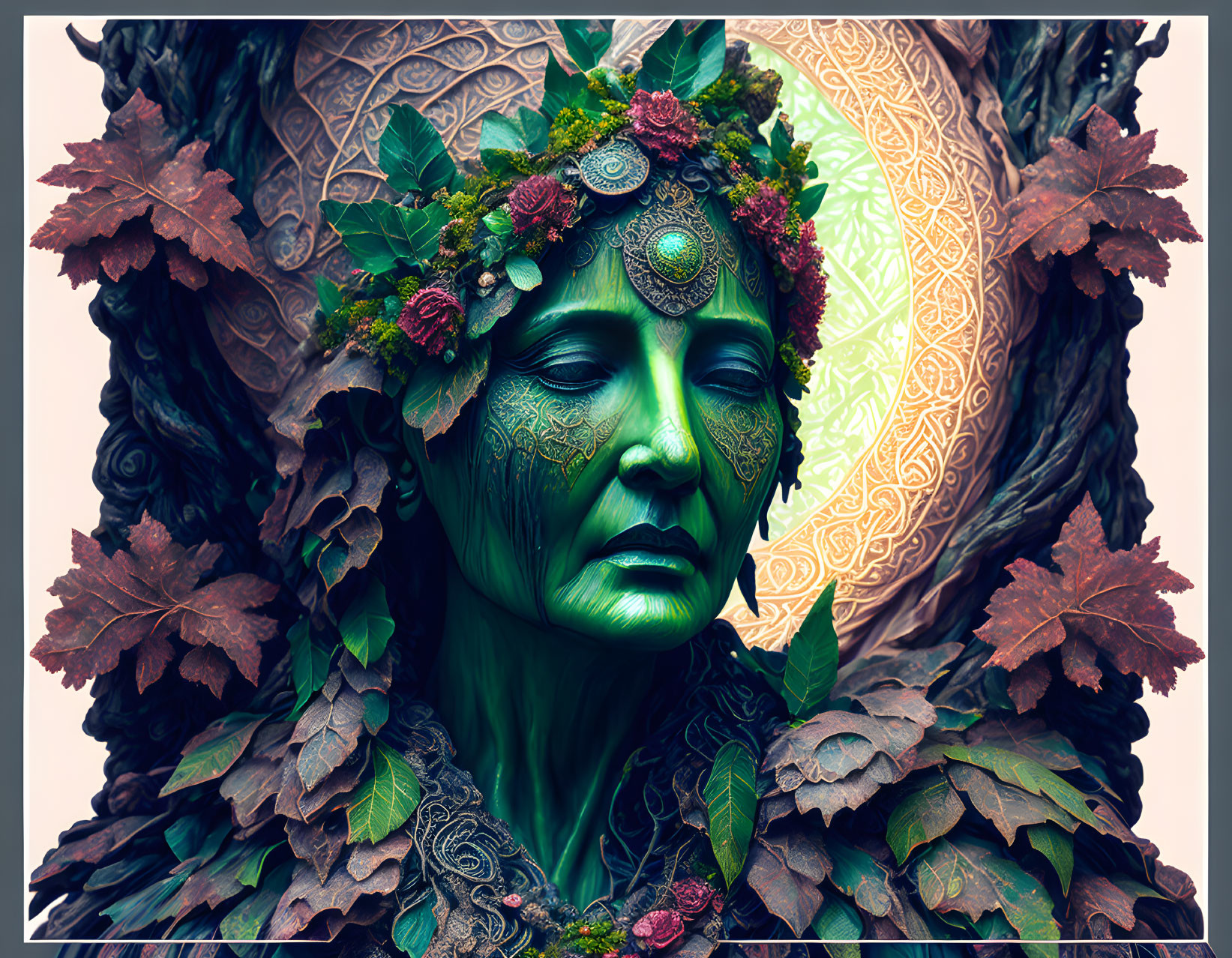 Person with Green Body Paint and Elaborate Headpiece Featuring Leaves, Flowers, and Celtic Patterns