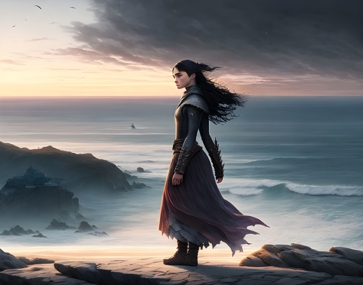 Medieval armor-clad woman on cliff at dusk overlooking sea and ship