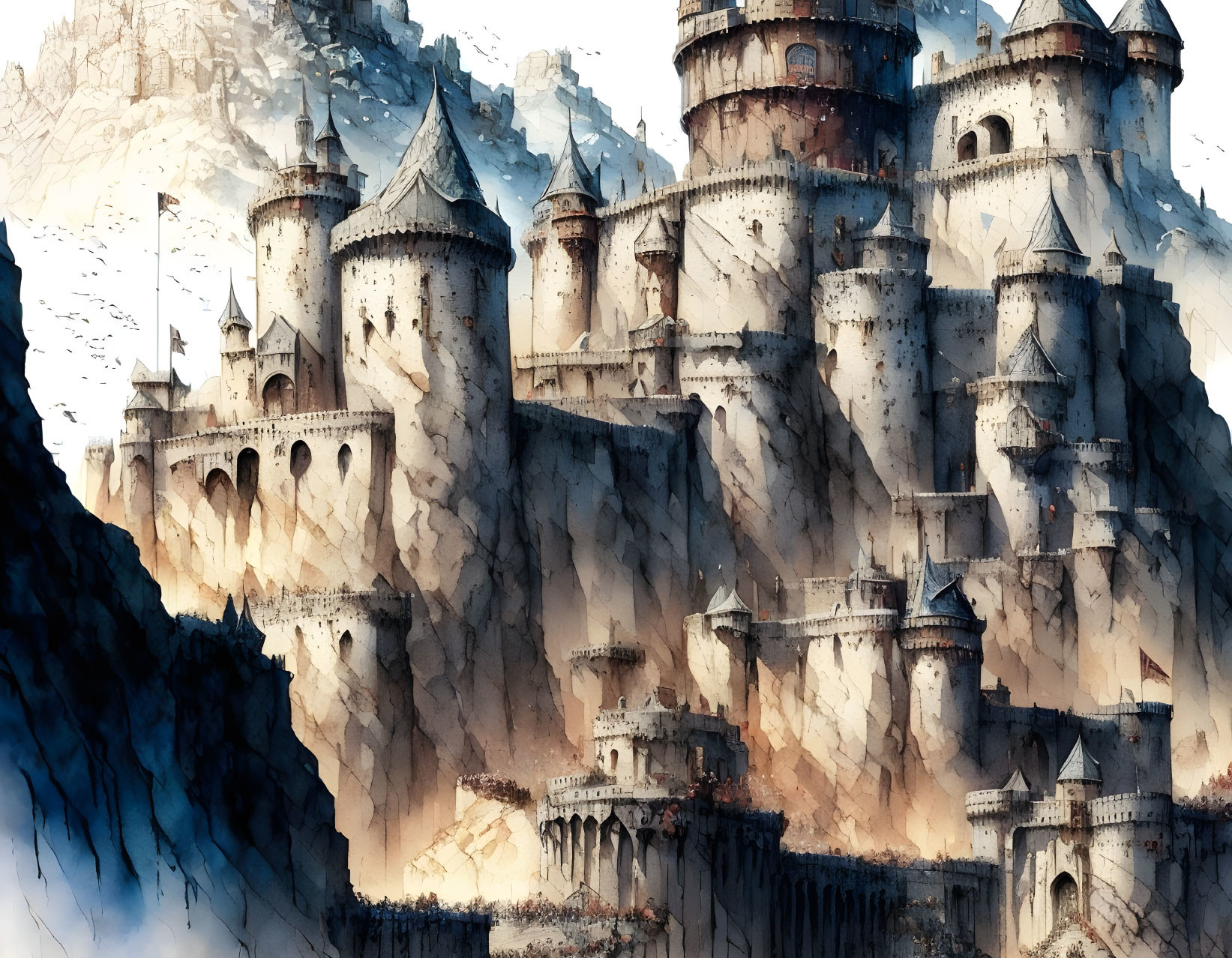 Illustrated majestic castle with multiple towers in snowy mountain backdrop