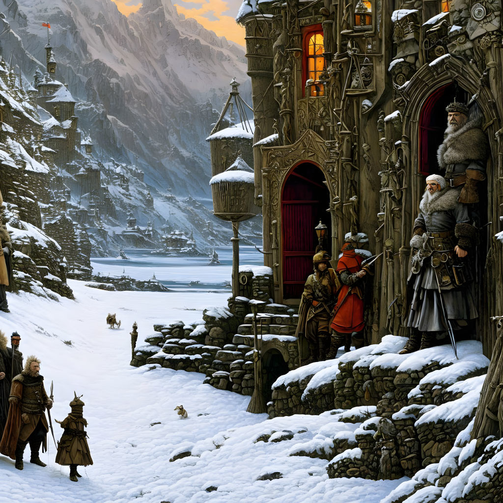 Medieval fortress with guards, snowy mountains, and villagers in winter landscape