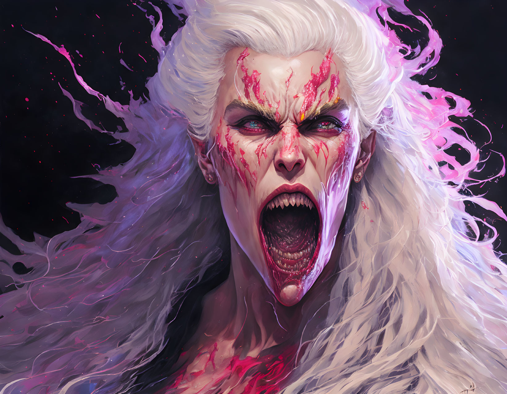 White-haired fantasy creature with sharp teeth and red markings screaming against starry background