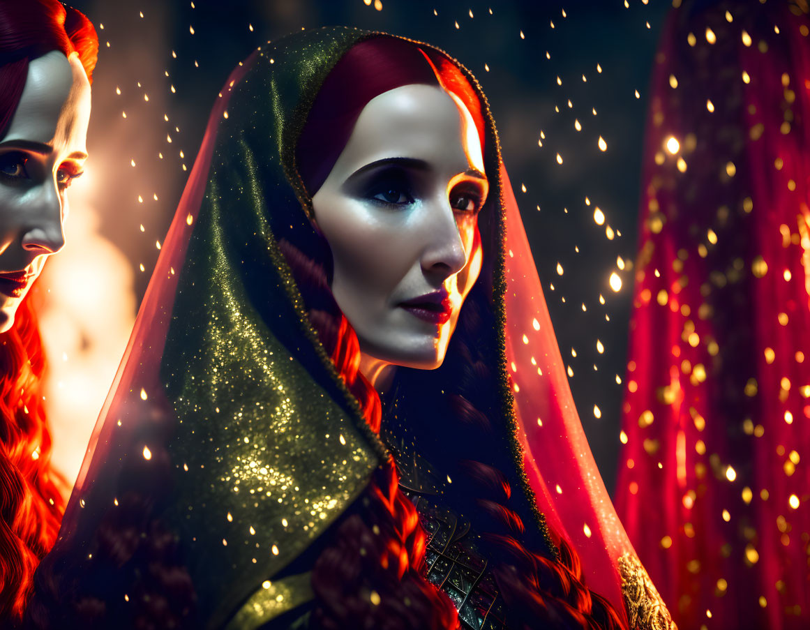 Woman in Red and Gold Shimmery Veil with Sparkling Lights