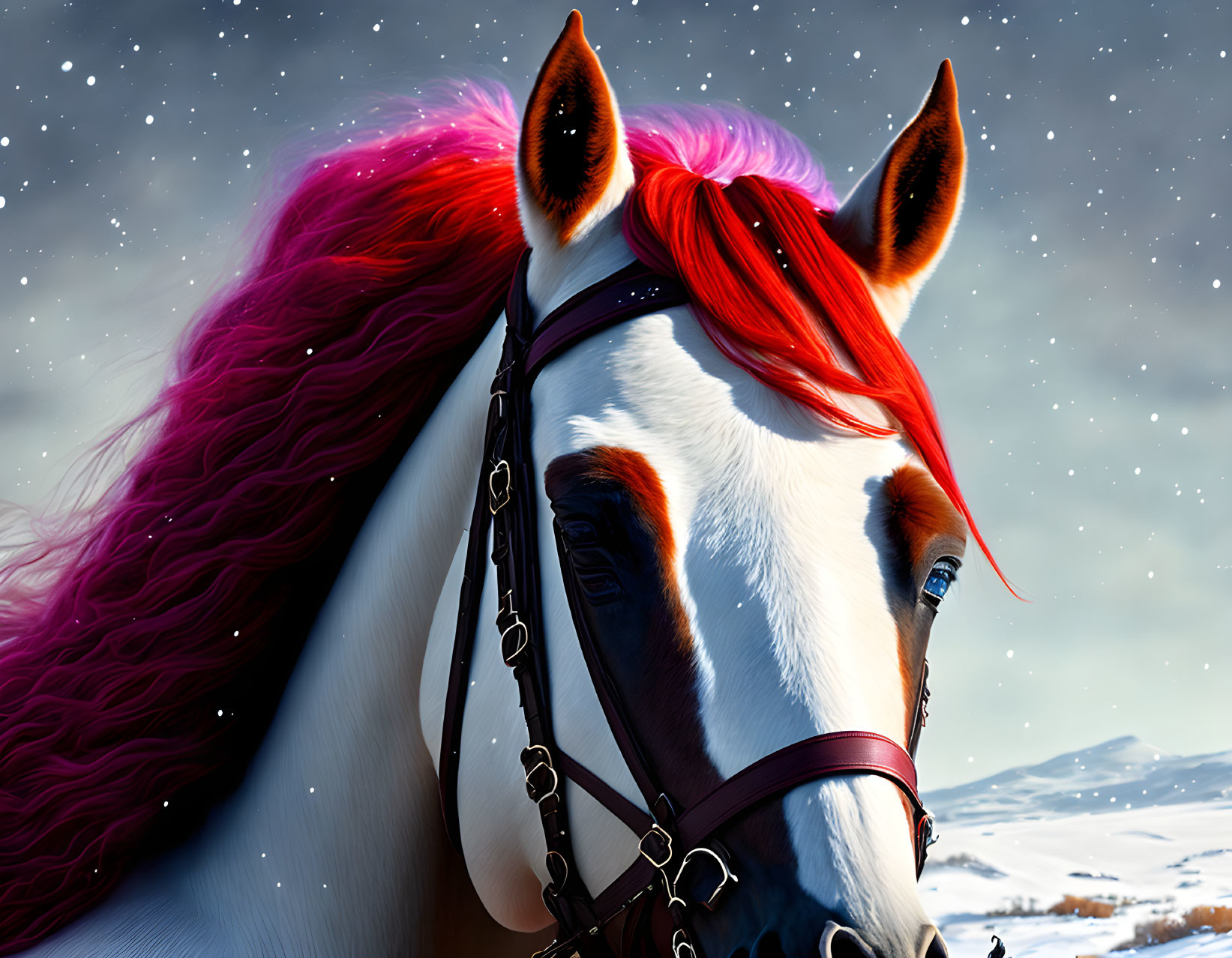 Vibrant purple and red maned horse in snowy landscape and starry sky