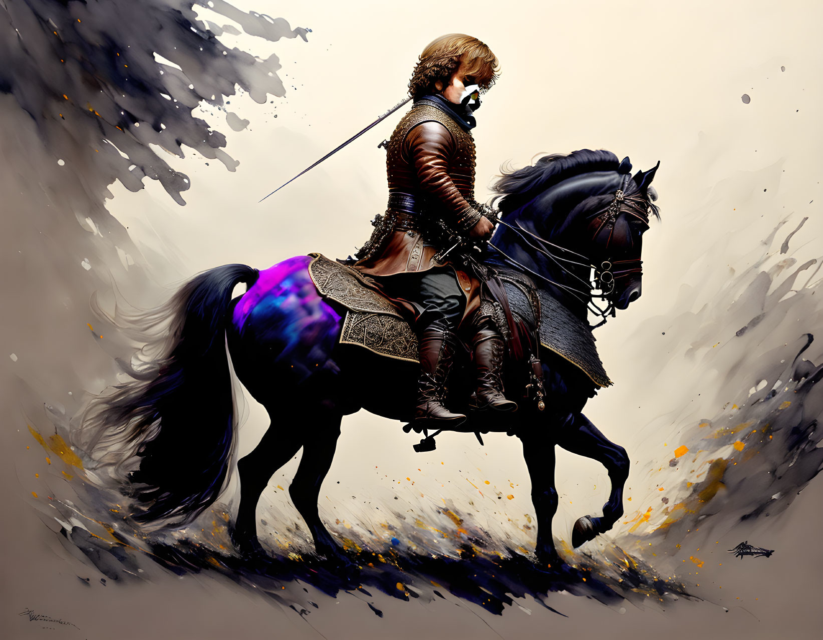 Medieval knight on black horse in vibrant painted scene