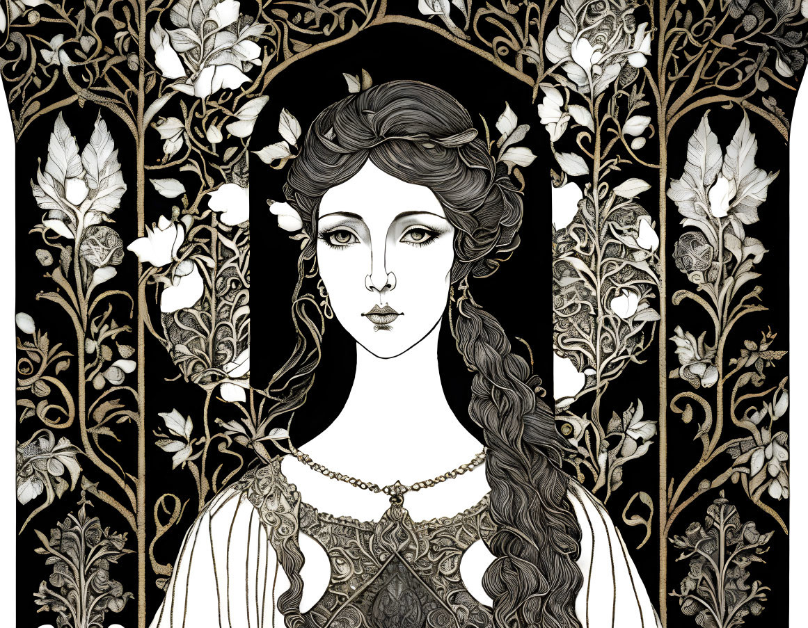 Woman with Braided Hair in Art Nouveau Style Floral Patterns