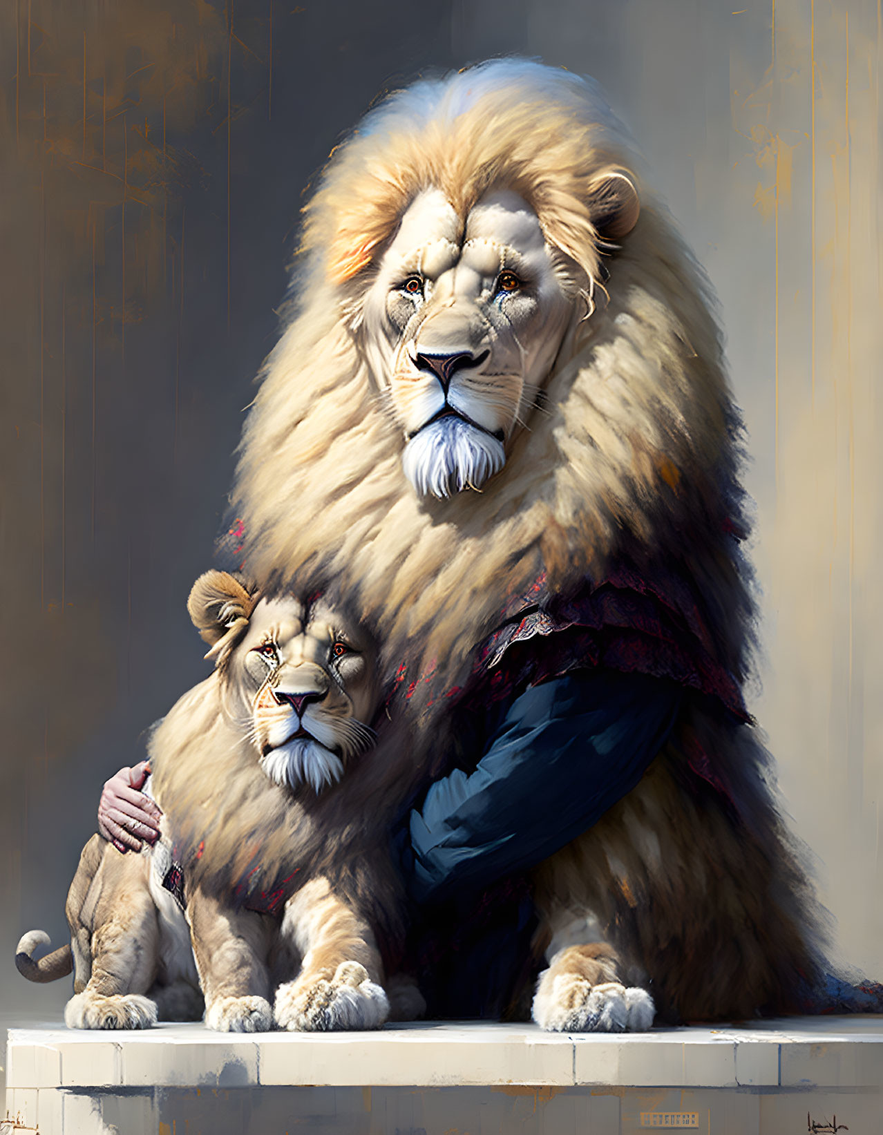 Majestic lions in human-like attire exude regal aura