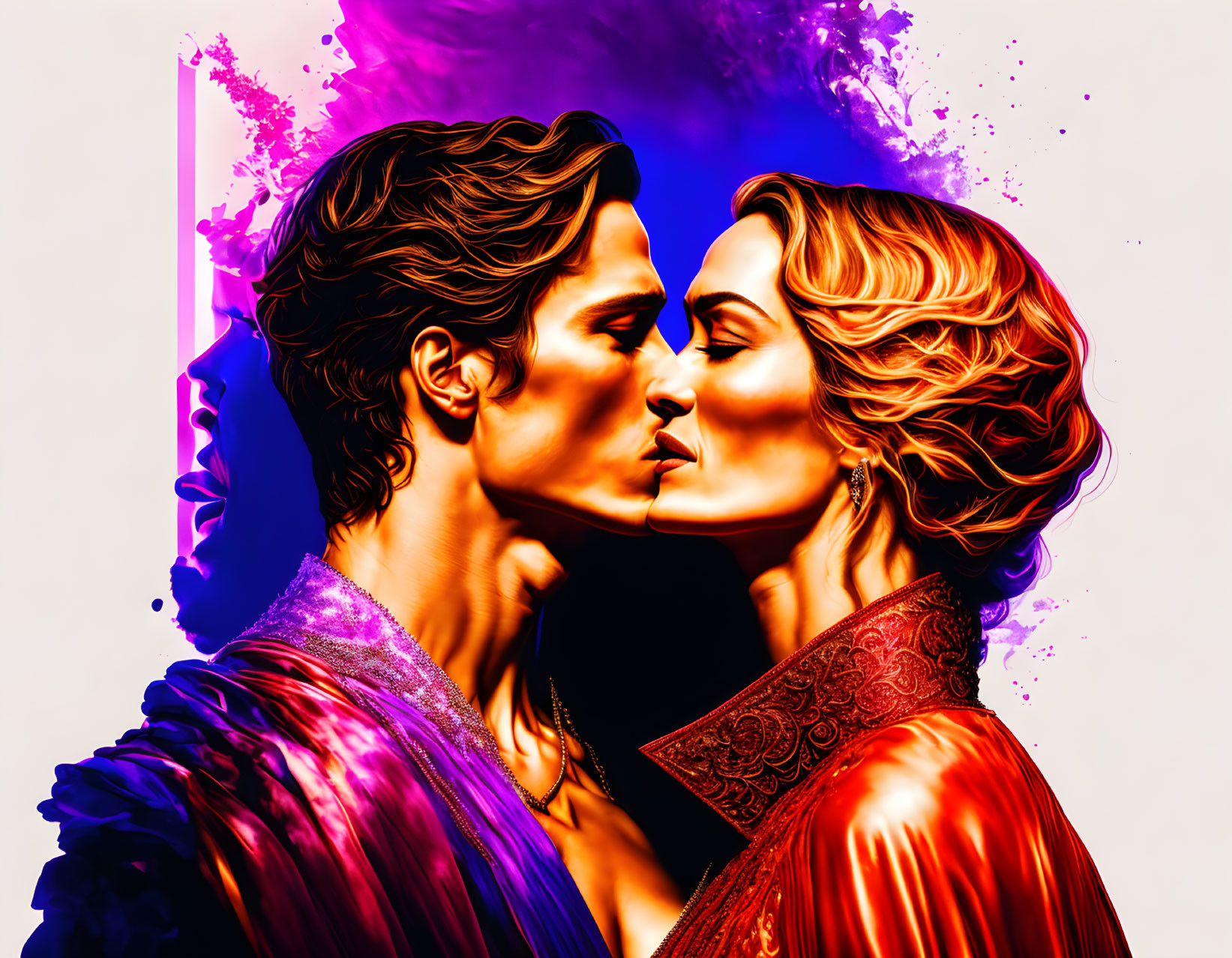 Colorful illustration of man and woman embracing in a kiss