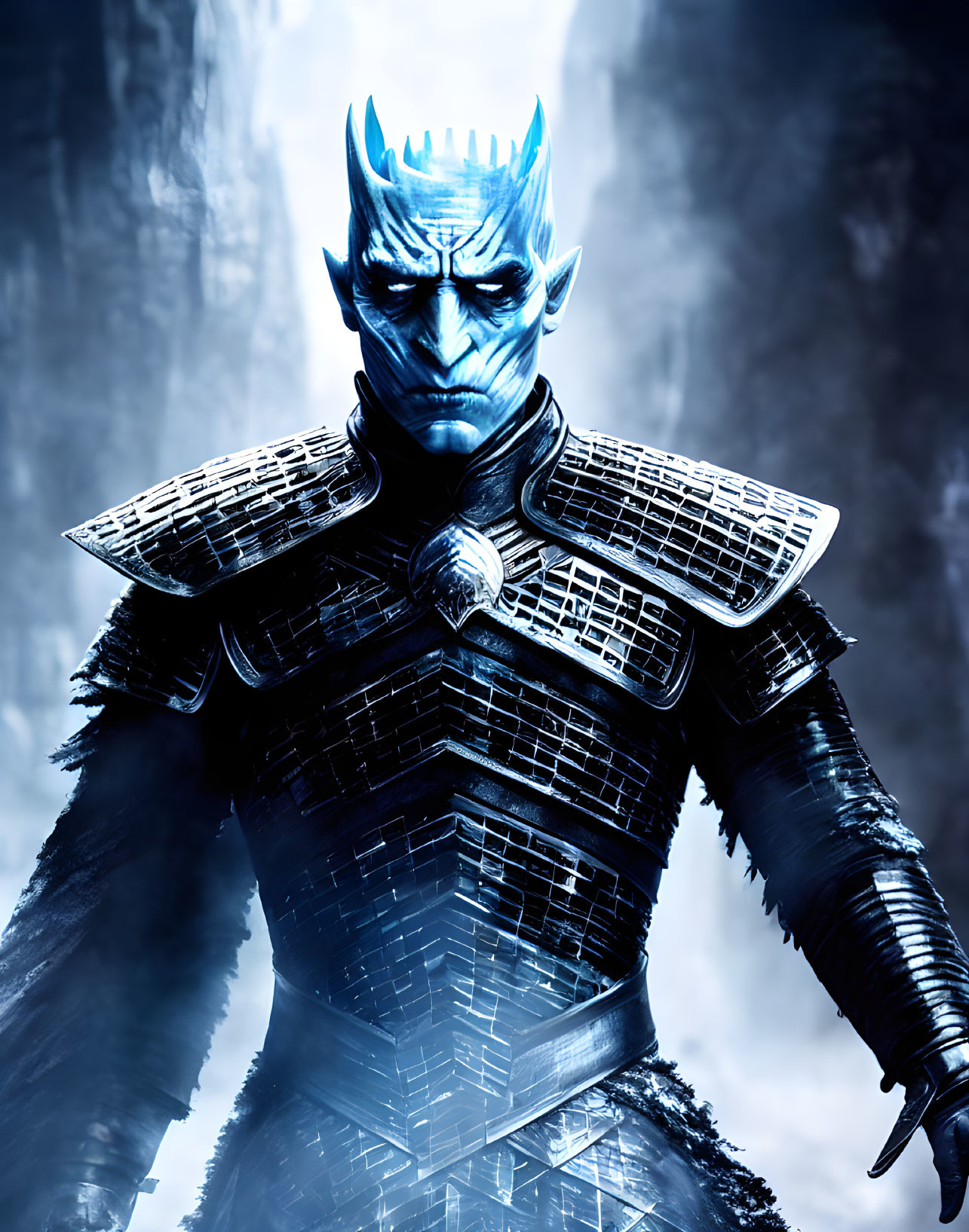 Blue-skinned figure in dark armor on icy backdrop