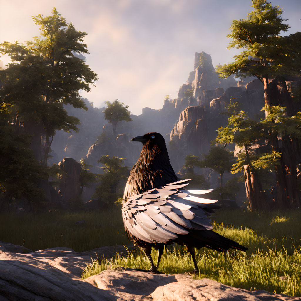 Majestic raven perched on rock in sunlit forest