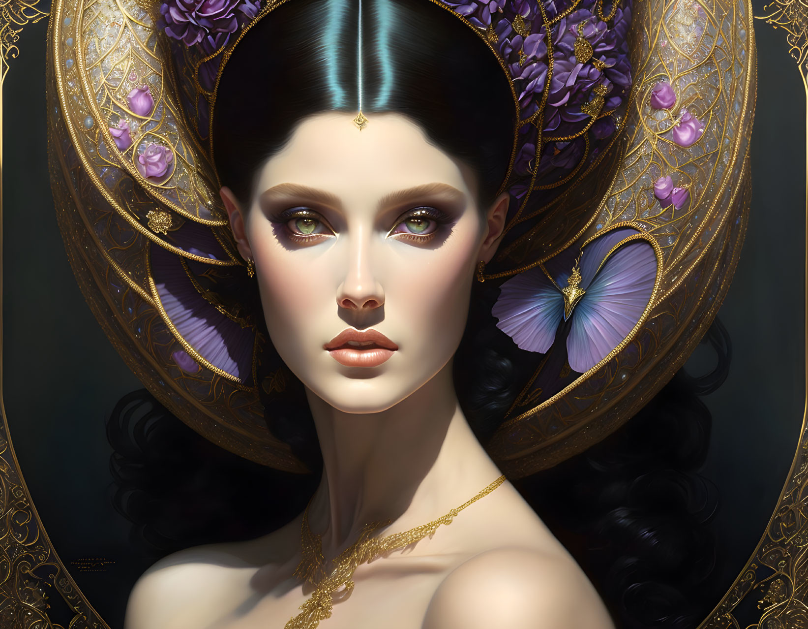 Digital artwork featuring woman with purple eyes, ornate headpiece, butterflies, and gold necklace.