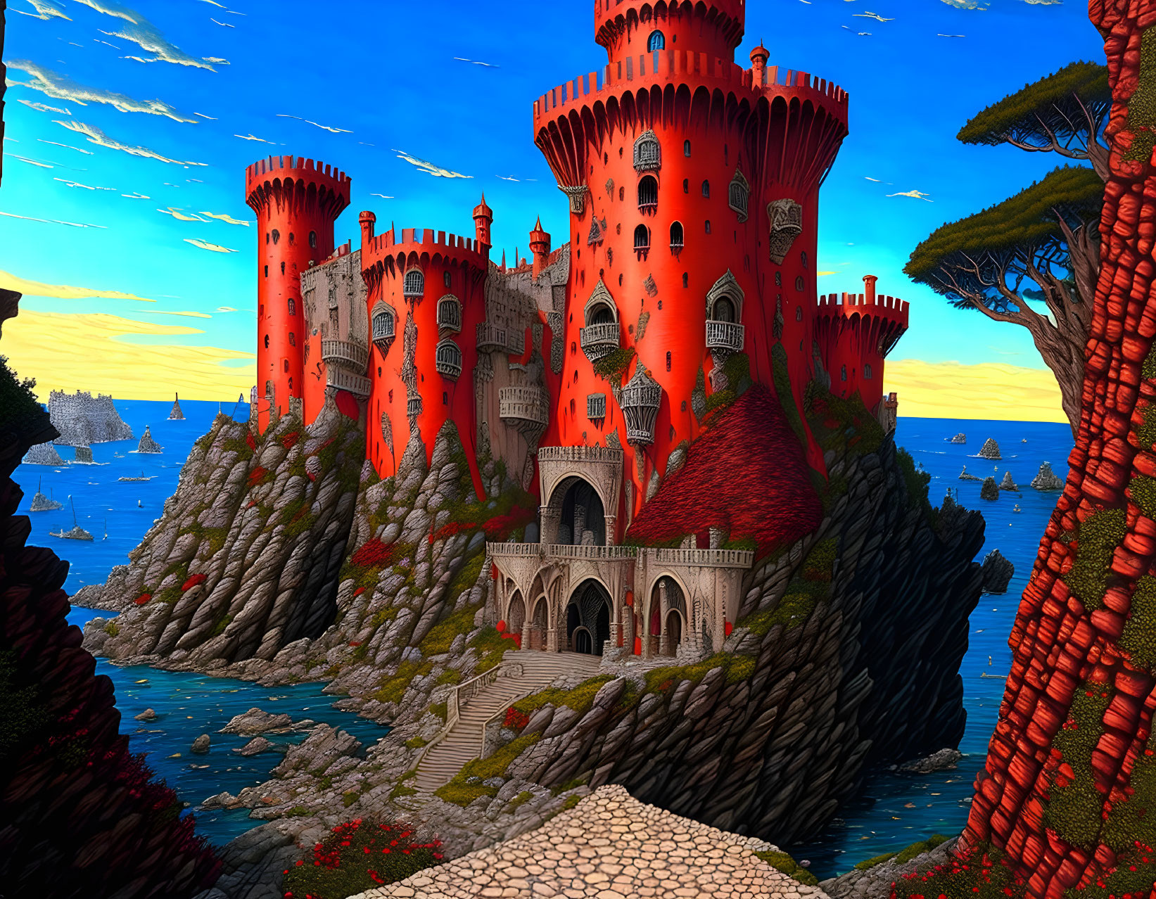 Vibrant red castle on rocky cliffs by blue seas and ships under bright sky