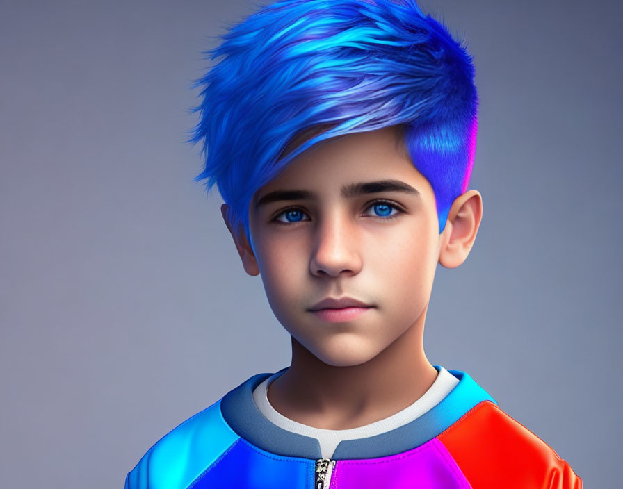 Colorful digital art portrait: boy with blue and purple hair in futuristic jacket on gray backdrop