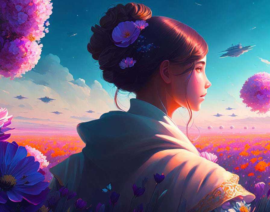 Profile view of woman with flowers in hair, admiring sunset sky with ships and flower field