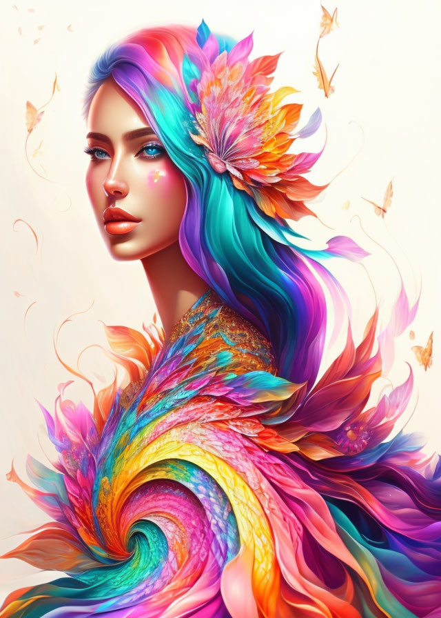 Colorful digital artwork: Woman with multicolored hair and floral accessory on soft backdrop