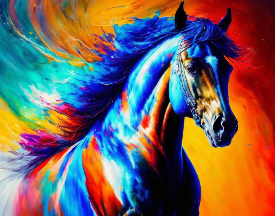 Colorful Horse Painting with Dynamic Blue and Orange Hues