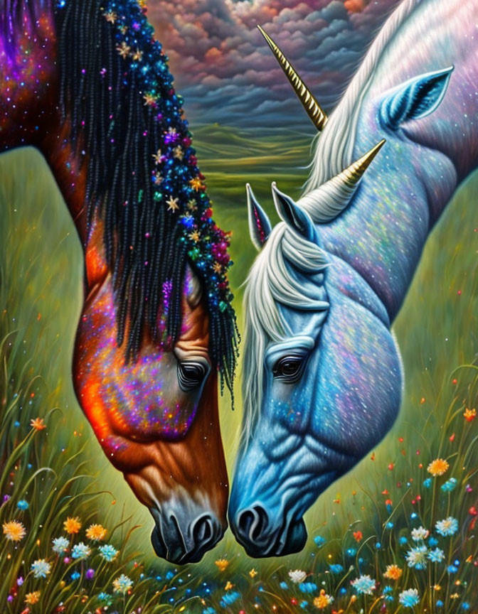 Vibrantly colored unicorns with sparkling manes in flower-filled meadow