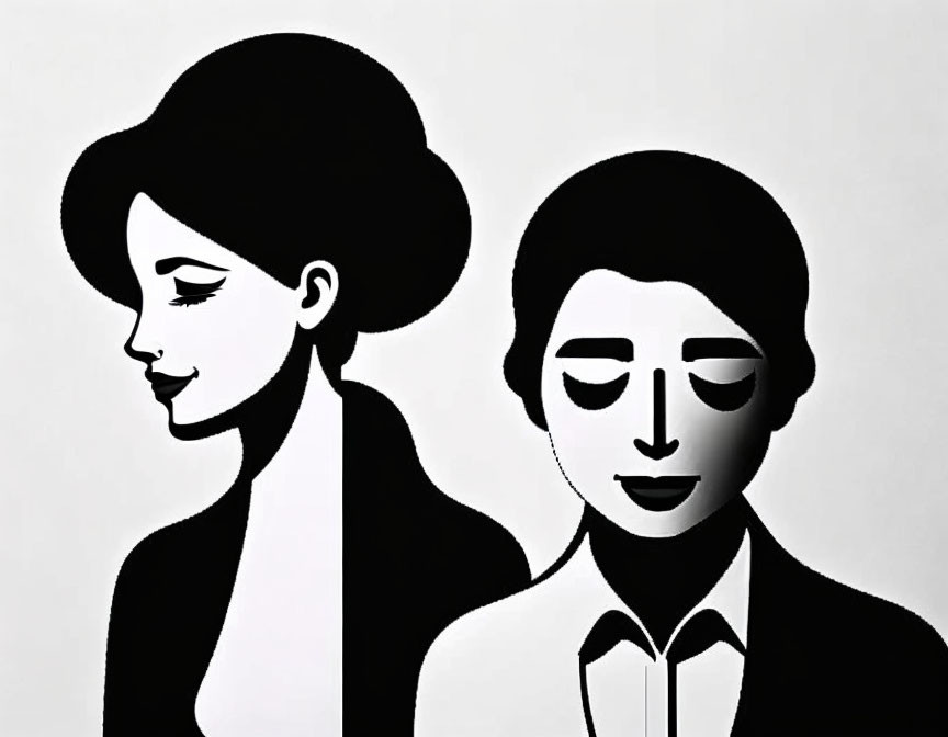 Monochrome illustration of woman with updo beside man in suit