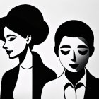 Monochrome illustration of woman with updo beside man in suit
