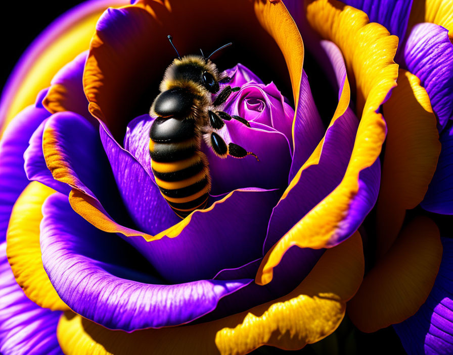 Bee collecting pollen on purple and yellow flower petals