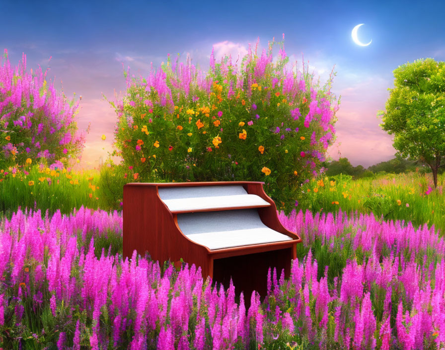 Twilight garden with purple and pink flowers, crescent moon, and red piano