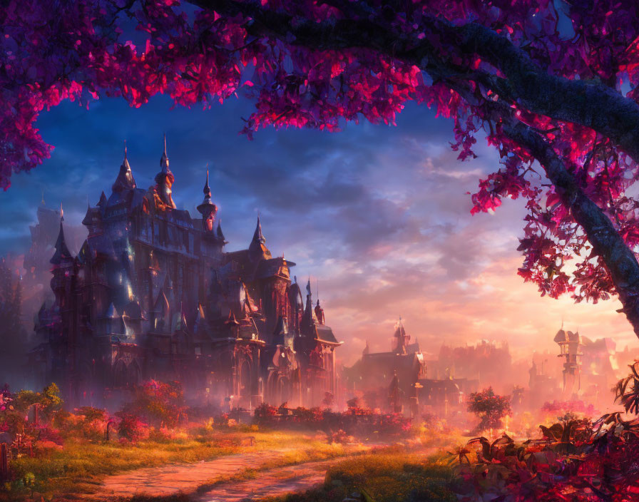 Majestic fantasy castle at sunset with pink blossoming trees