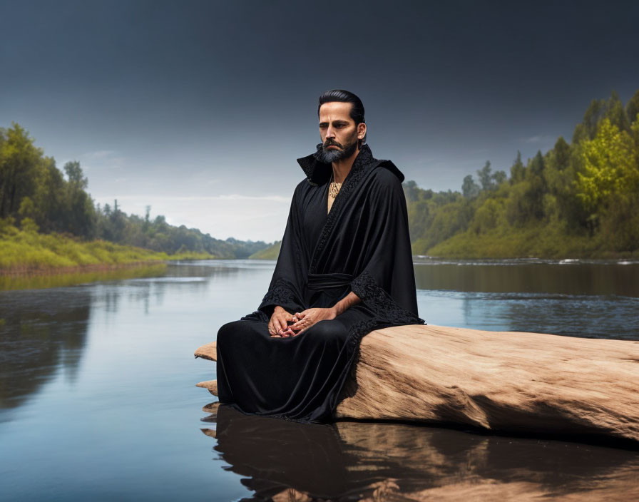 Bearded man in black cloak seated on fallen tree by tranquil river