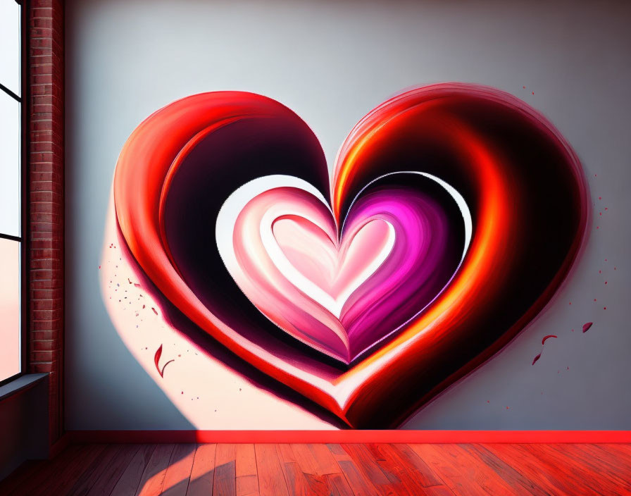 Colorful 3D heart-shaped wall painting with gradient from dark red to pink