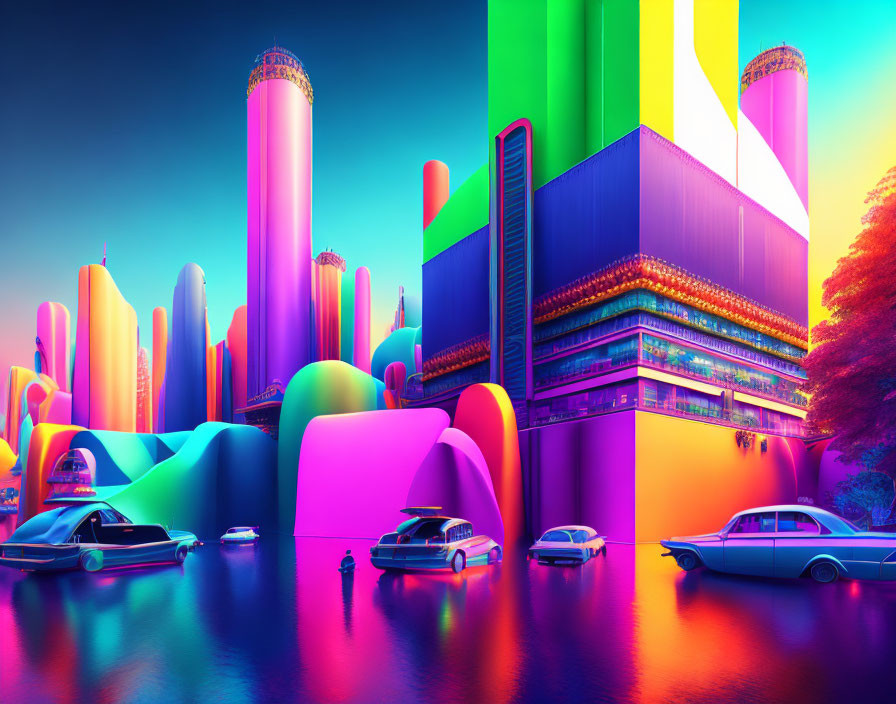 Futuristic neon-lit cityscape with sleek cars and colorful dusk sky