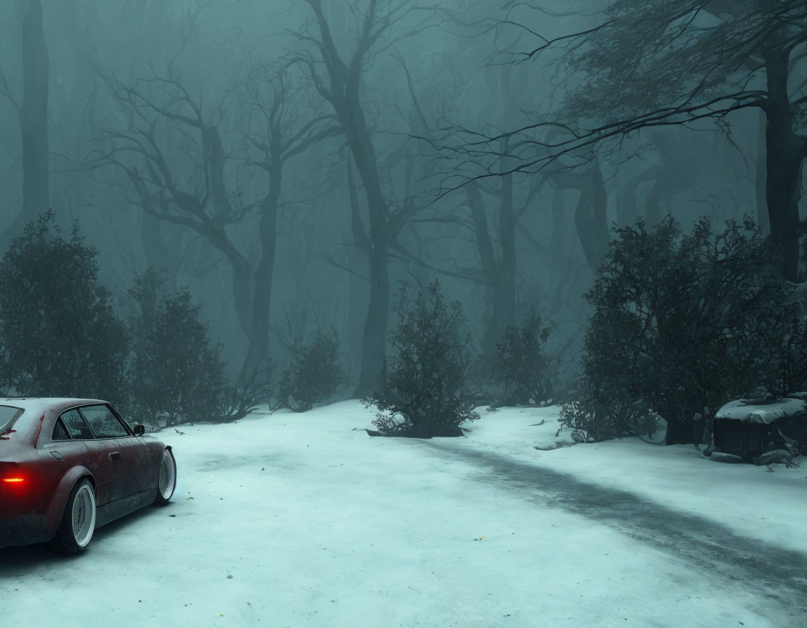 Snow-covered road with parked car and foggy winter landscape