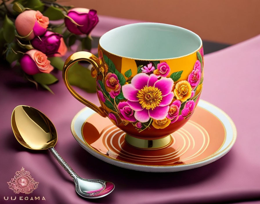 Yellow teacup with pink floral patterns and golden spoon on pink surface