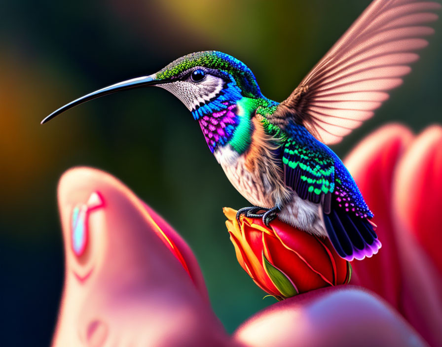 Colorful hummingbird on red flower with fluttering wings