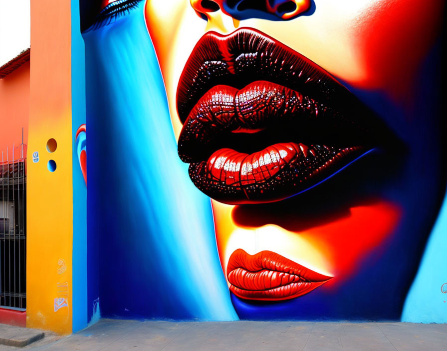 Colorful oversized red lips mural on urban building wall