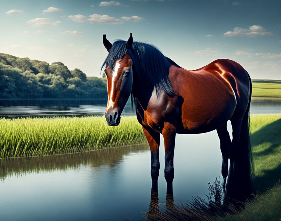 Horse by water with lush greenery and clear skies