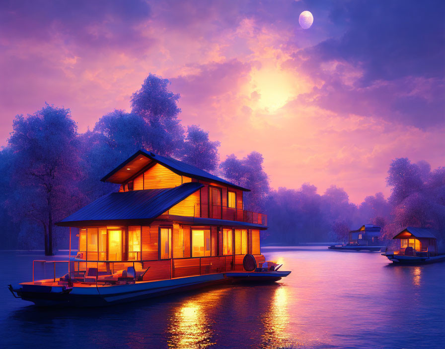 Tranquil modern houseboat on calm lake at twilight