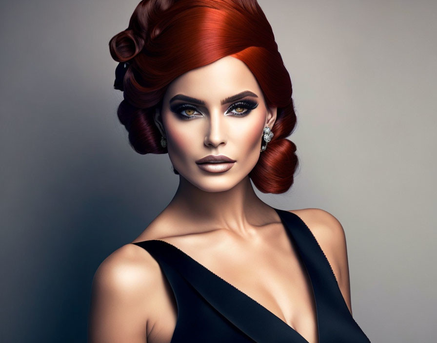 Red-haired woman with updo, smoky eyes, glossy lips, and sparkling earring on grey