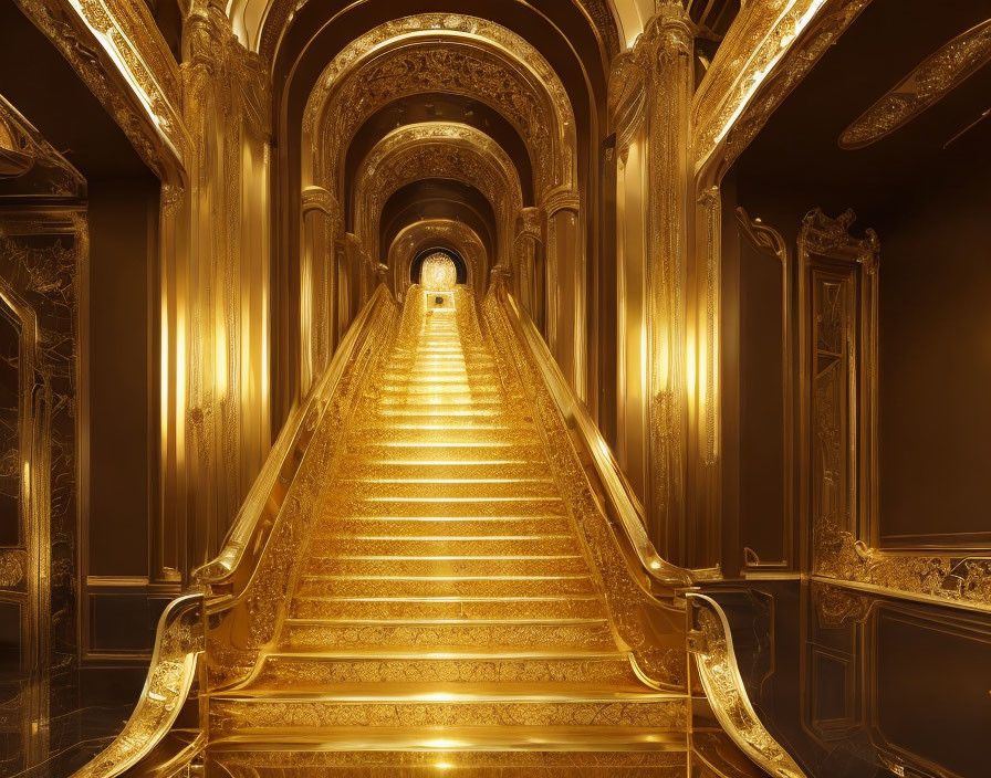 Luxurious golden staircase with intricate designs and warm lighting