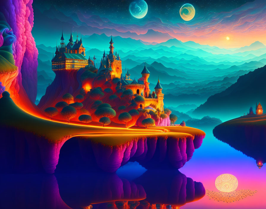 Fantastical sunset landscape with castles, islands, mountains, moons, and glowing spiral