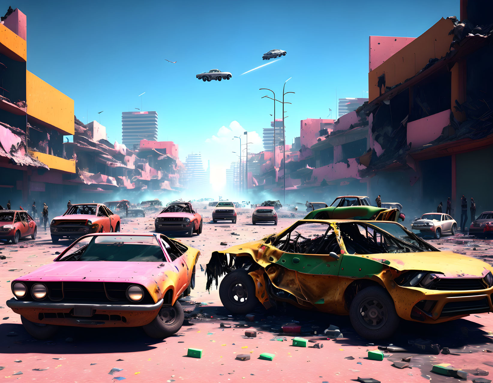 Dystopian city street with abandoned cars and flying vehicles among pink and blue buildings