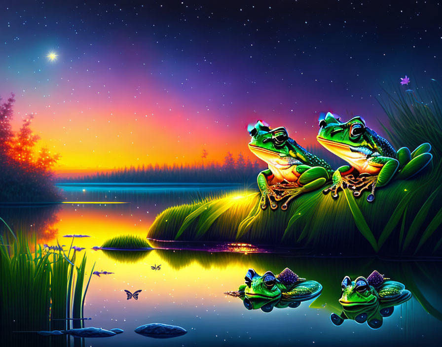 Colorful sunset with two frogs on leaf by calm lake