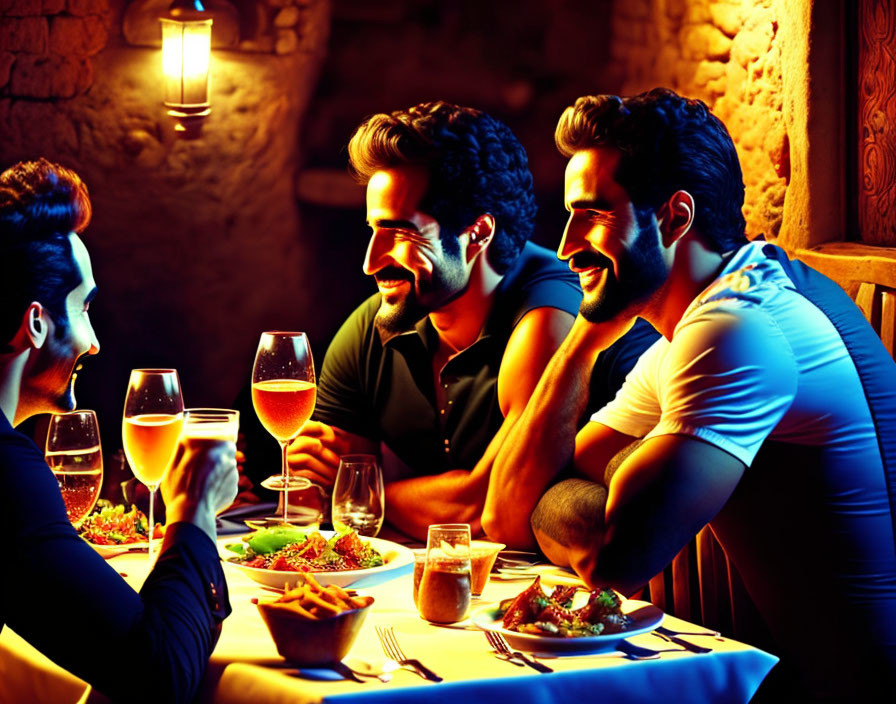 Three People Dining in Warmly Lit Rustic Setting