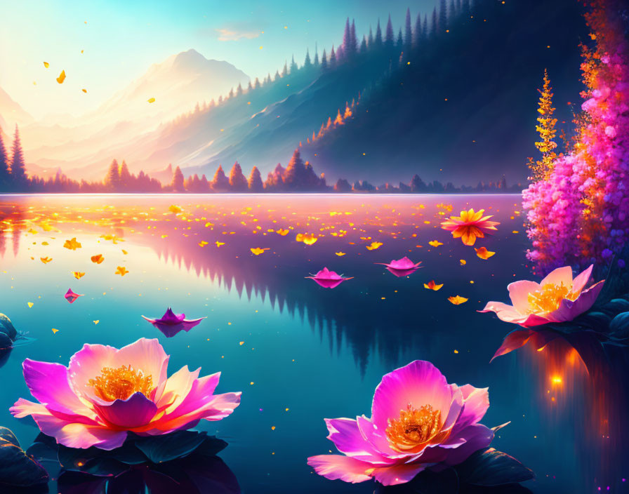 Vibrant pink lotus flowers on tranquil lake with purple mountains and warm dusk sky