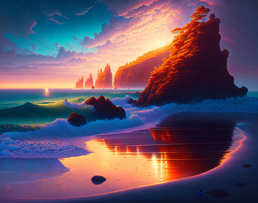 Scenic sunset beach with gentle waves and rocky cliffs