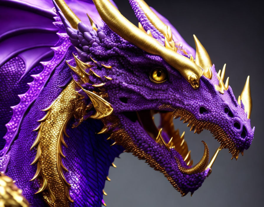 Detailed Purple and Gold Dragon Close-Up with Open Mouth and Fierce Eyes