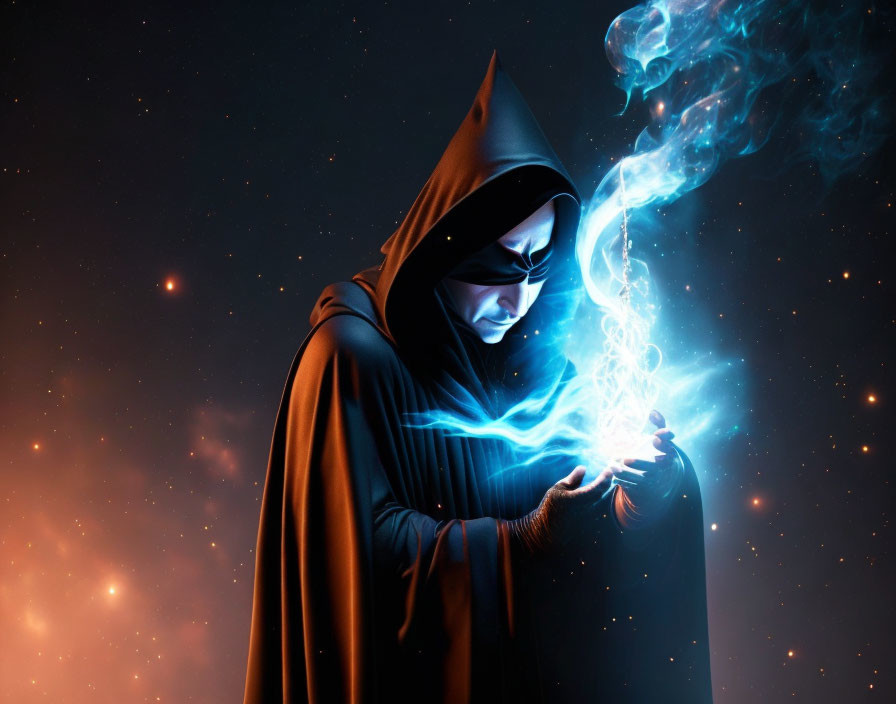 Hooded figure with glowing blue energy in space