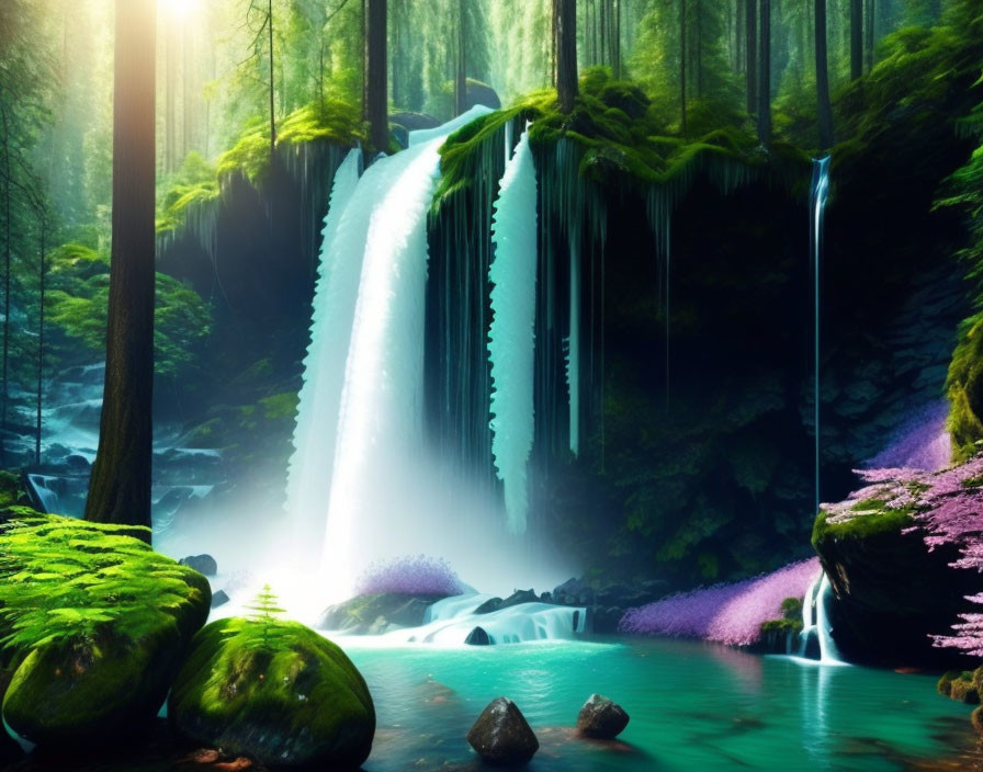 Mystical waterfall scene with lush greenery and turquoise pool