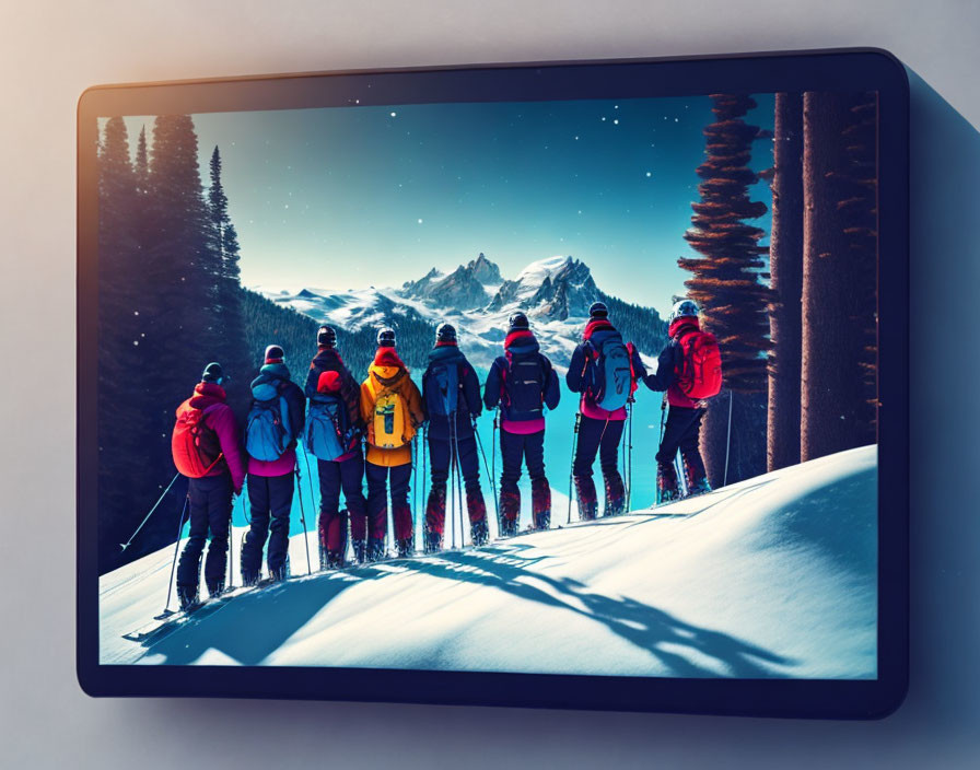 Hikers with backpacks and ski poles trekking through snow on tablet screen