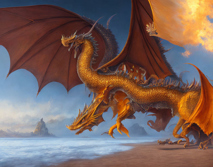 Golden dragon with expansive wings and intricate scales overlooking a fiery burst above clouds in a mystical landscape