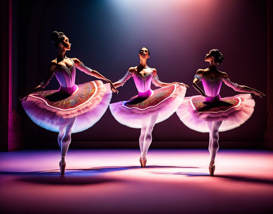 Ballet dancers in tutus under gradient stage lighting